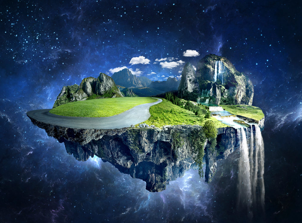 View of an imaginary chunk of Earth floating in space with a road, green grass, mountains, and a waterfall, symbolizing travels to different cultures. (Image © tcharts/iStock)