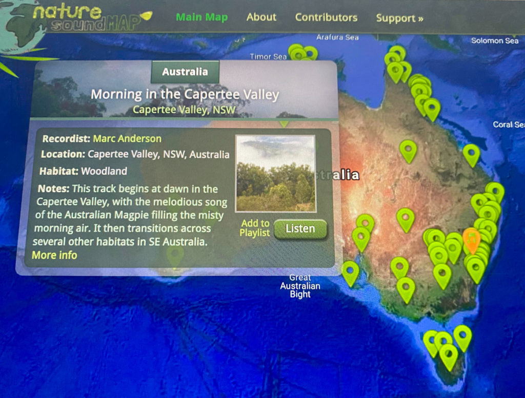 Map of Australia with pinpoints of recorded sounds made accessible to the global community by the Nature Soundmap website.